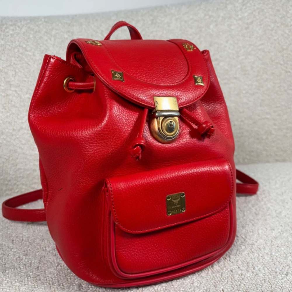 Authentic MCM Red Leather Studded Drawstring Backpack - Picture 2 of 10